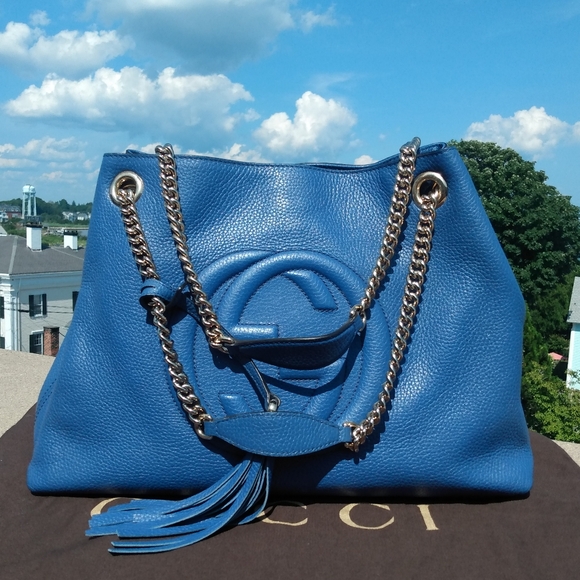 NEW, Gucci Soho Limited Ed. Caspian Blue Double Chain Shoulder Bag - Picture 6 of 16